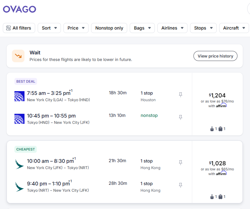 example of ovago pricing from NYC to Tokyo