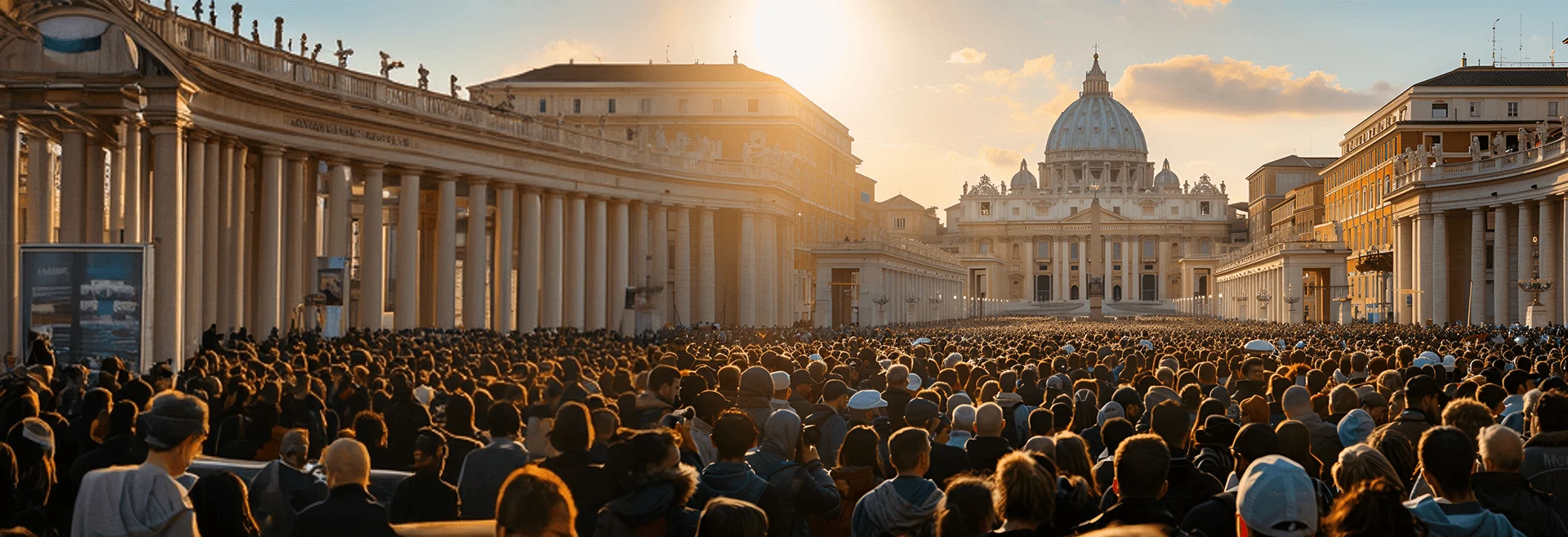 crowd gathered at st peters square vatican sunset