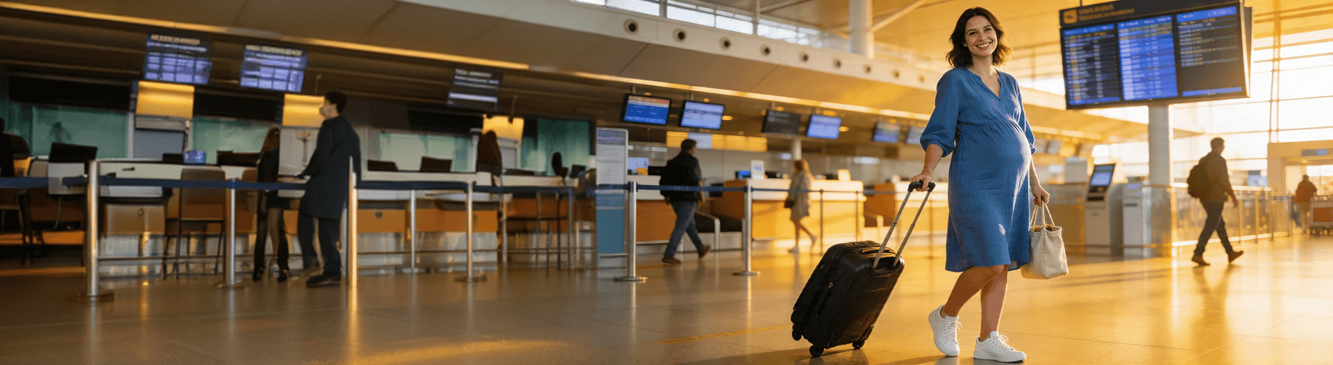 pregnant woman airport travel with suitcase