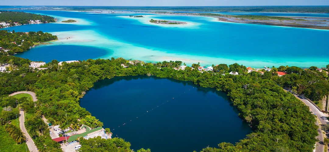 overhead view of lagoon and islands