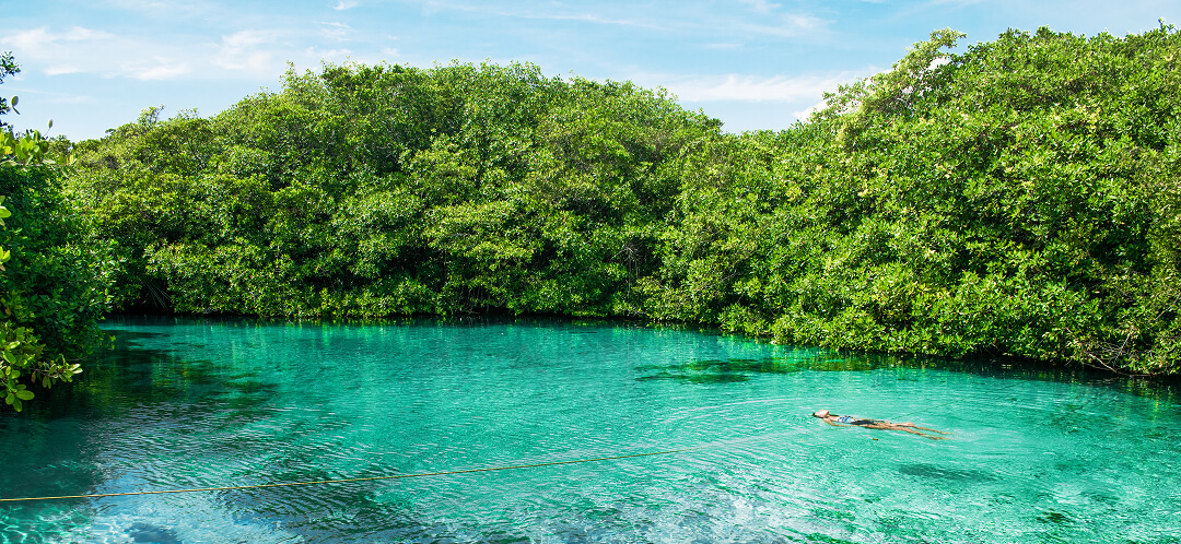 swimmer in clear tropical lagoon
