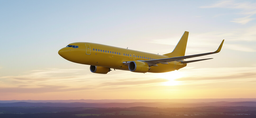 budget airline flight at sunset