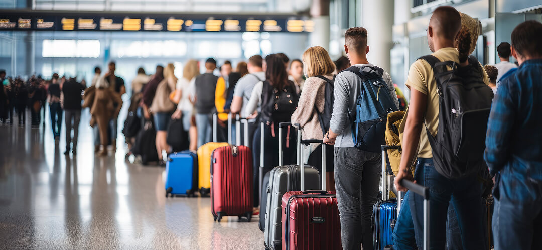 passengers waiting in airport check in line